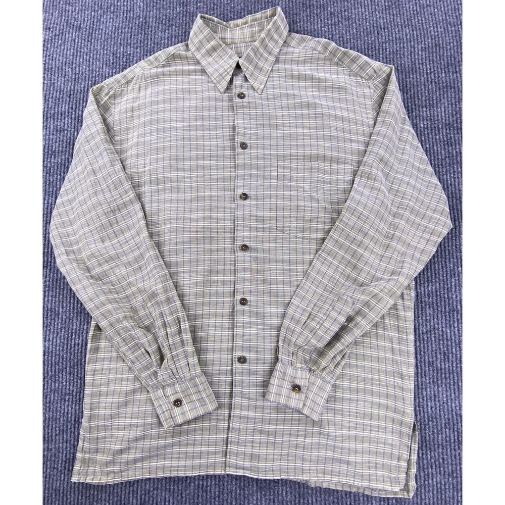 Canali Button Down Shirt Mens XL Beige Blue Plaid Cotton Made in Italy Luxury